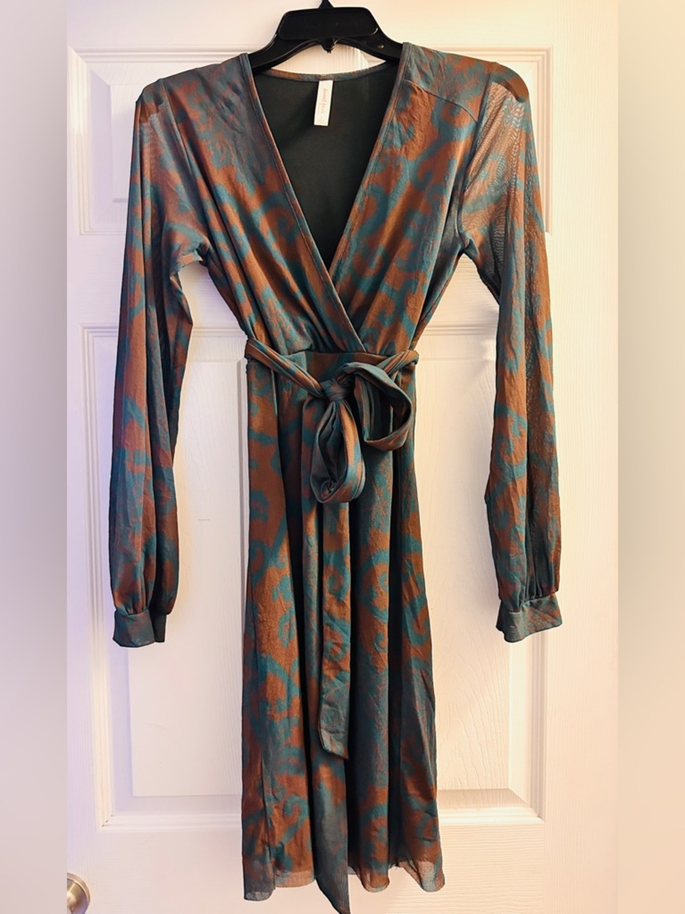 Sweet Pea Teal Turquoise and Brown Long Sleeve Wrap Dress
